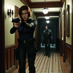 ** "A tense scene inside the Spencer Mansion from *Resident Evil*. Emphasize the dark, creepy atmosphere. A character (maybe Chris or Jill) cautiously exploring a dimly lit hallway with a flickering light source, armed with a handgun."

**