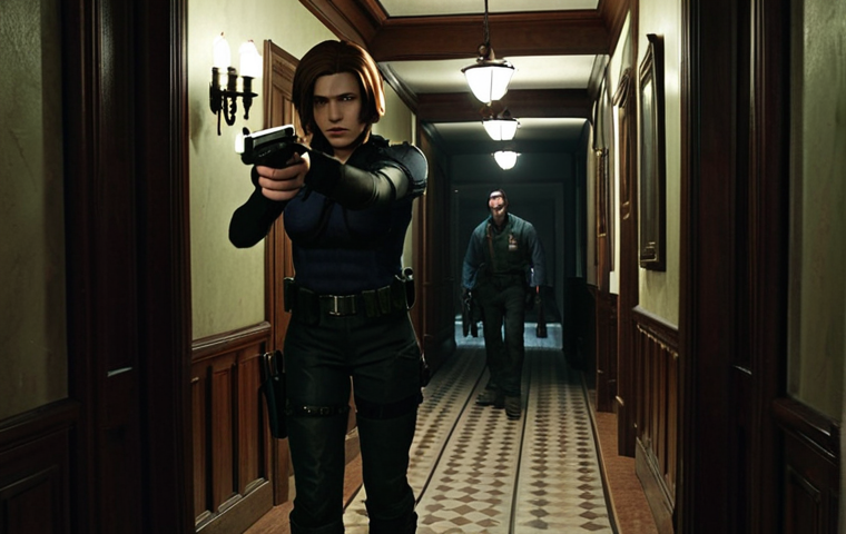** "A tense scene inside the Spencer Mansion from *Resident Evil*. Emphasize the dark, creepy atmosphere. A character (maybe Chris or Jill) cautiously exploring a dimly lit hallway with a flickering light source, armed with a handgun."

**